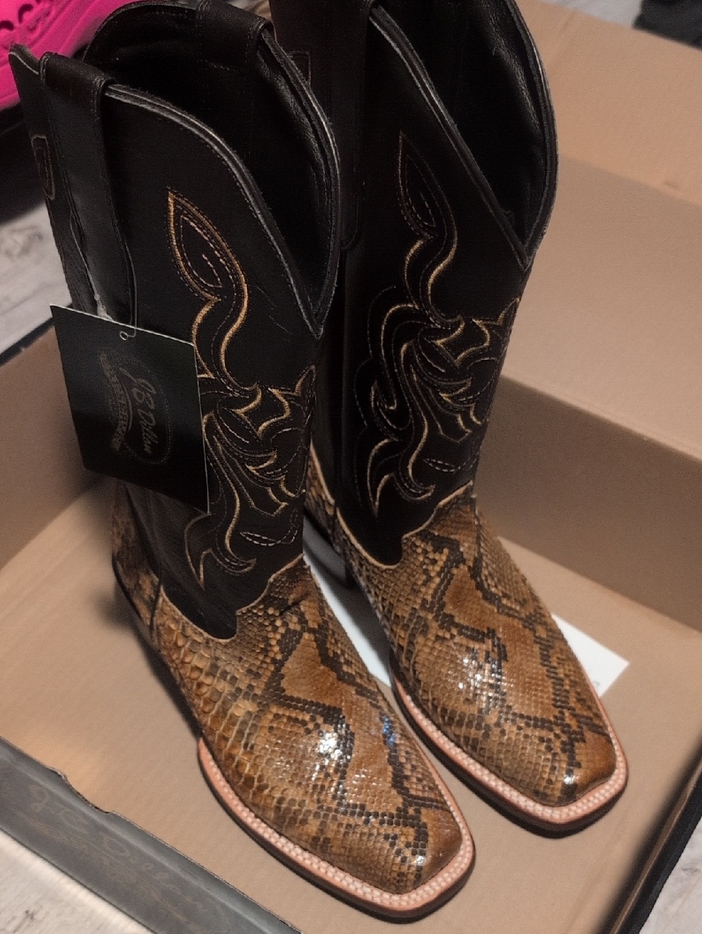 J.B. Dillon Black and Brown Snake Skin Embroidered Western Boots